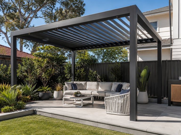 Modern outdoor patio with gray pergola, white sectional sofa, and woven chair on concrete deck overlooking manicured lawn and landscaping.