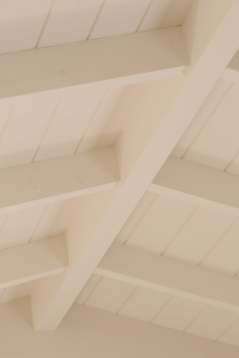 Interior view of white exposed wooden ceiling beams and soffit details in a minimalist architectural design